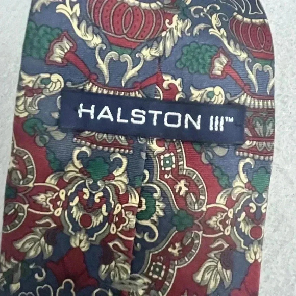 Halston III 100% Italian Silk Tie red blue teal grey white - Picture 4 of 5